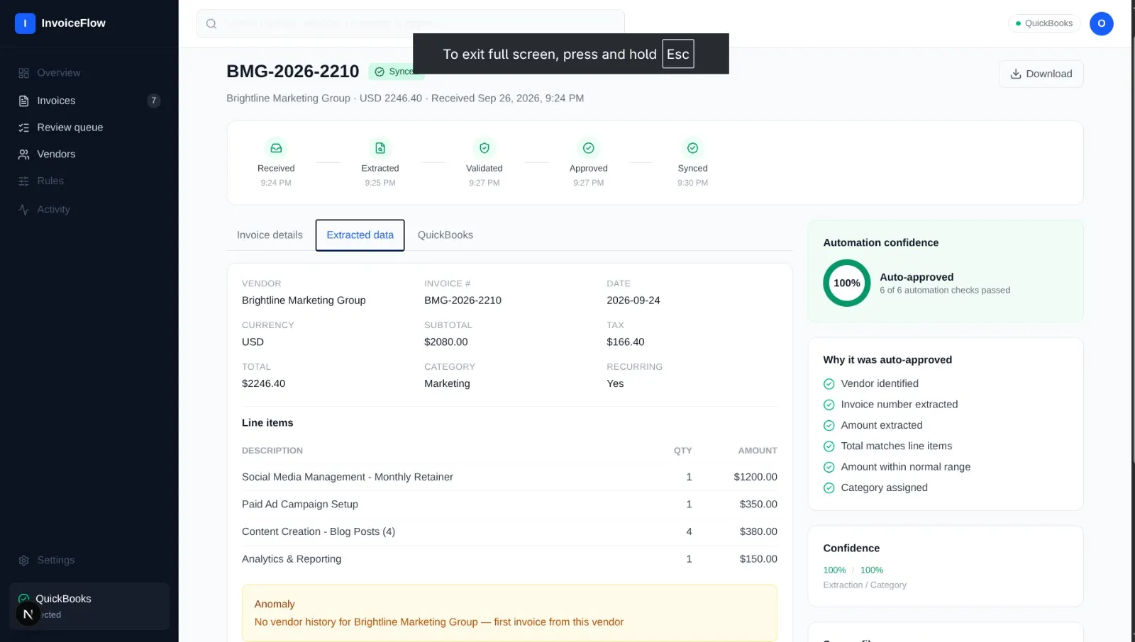 Extracted invoice data: vendor, line items, totals, and confidence scores