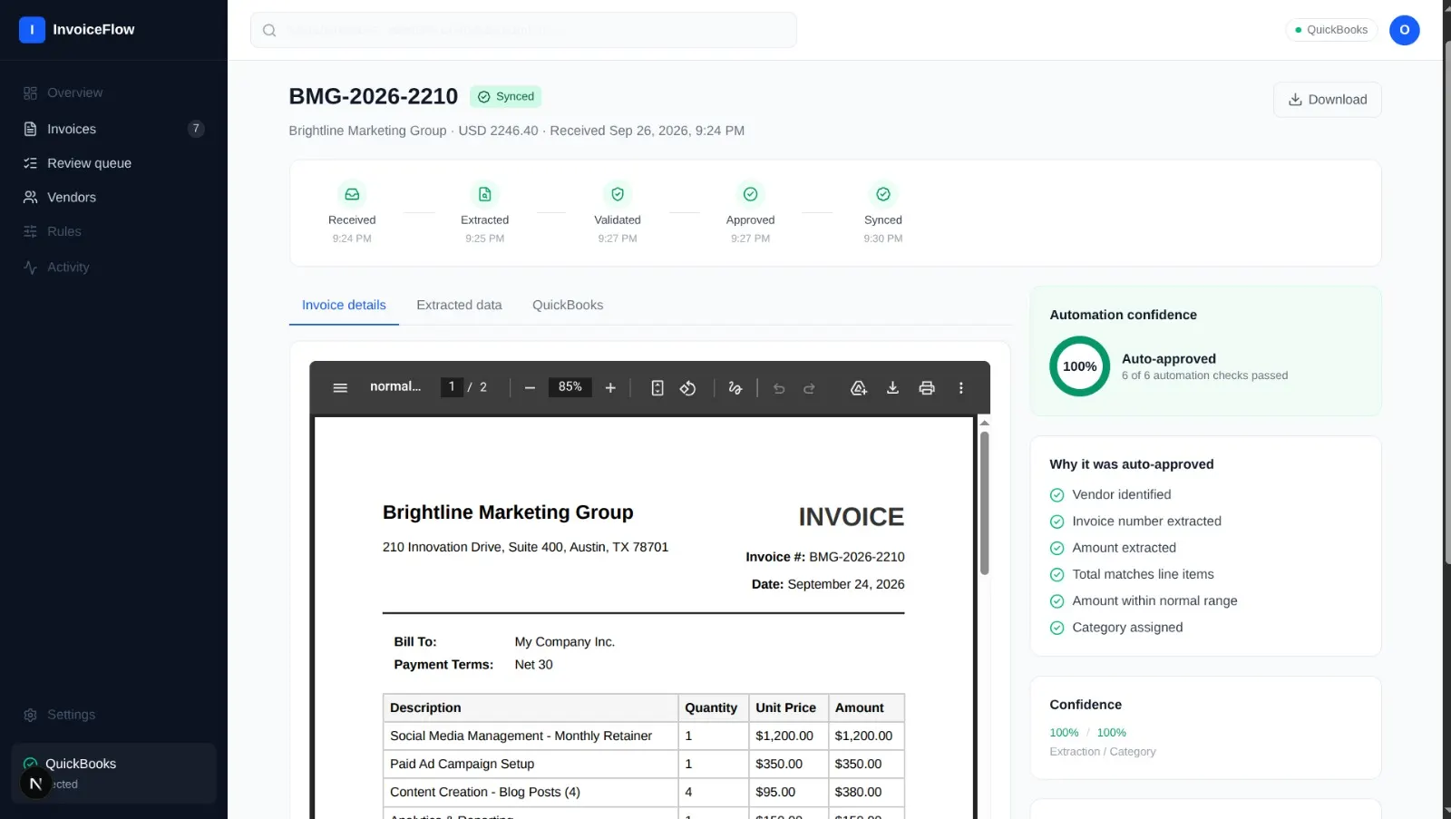 Invoice detail: processing timeline and automation-confidence breakdown behind auto-approval