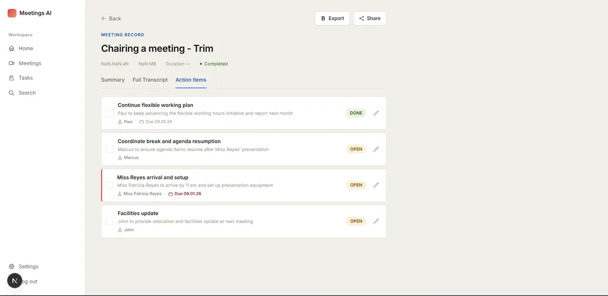 Action items tab: owner, due date, and status per task extracted from the meeting