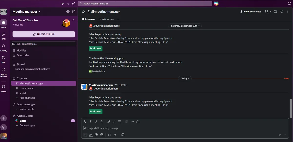 Slack: automated overdue action item digest with a Mark done button