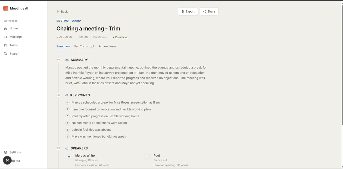 Meeting record: AI-generated summary, key points, and identified speakers