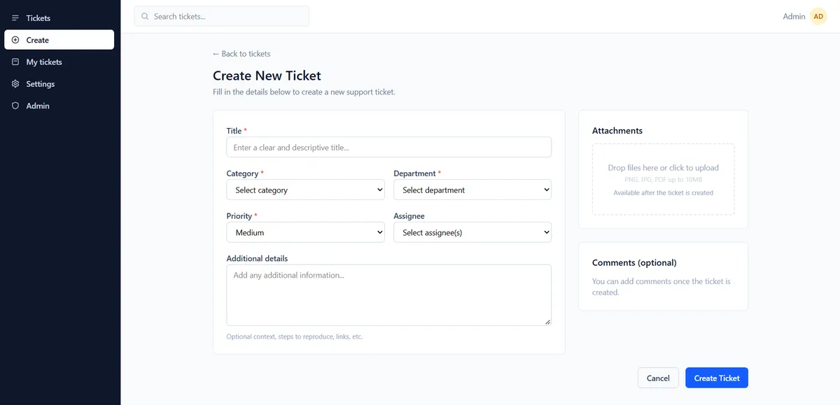 Create New Ticket: title, category, department, priority, assignee
