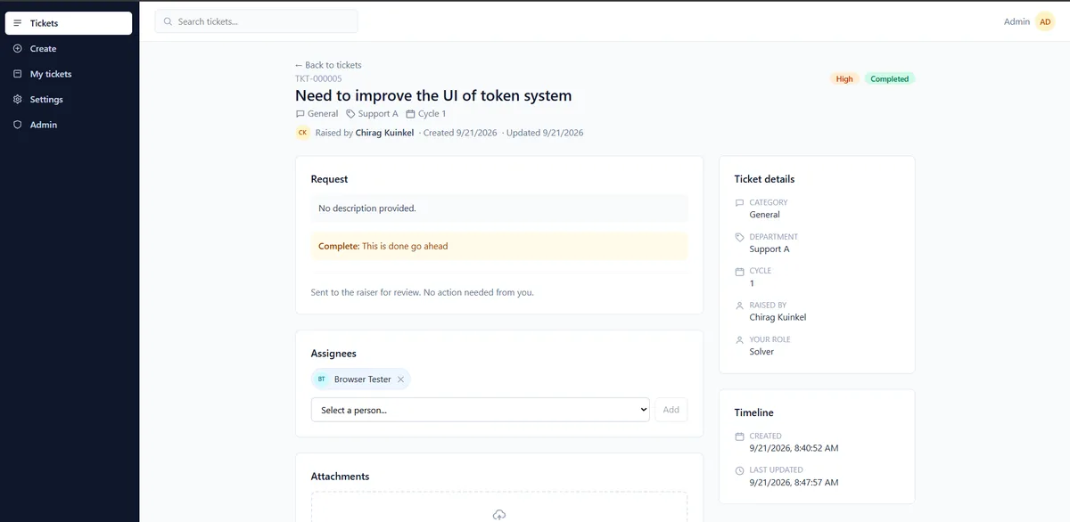 Ticket detail: role (solver), latest transition note, assignees, timeline